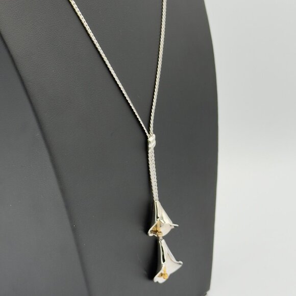 Vintage Avon Silver Tone Lariat Tassel Necklace Lily Flower - Picture 3 of 11